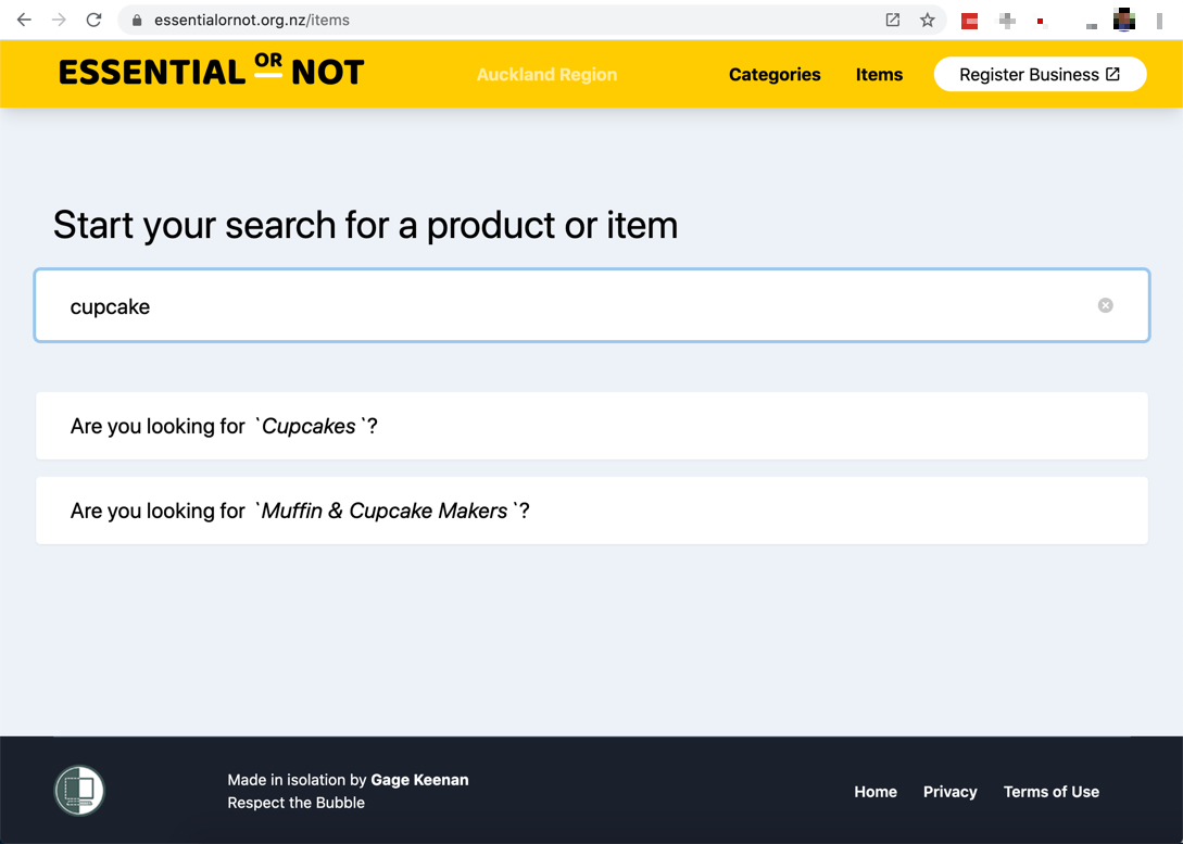 Essential Or Not website item search page showing search suggestions when a user types cupcake in the search box