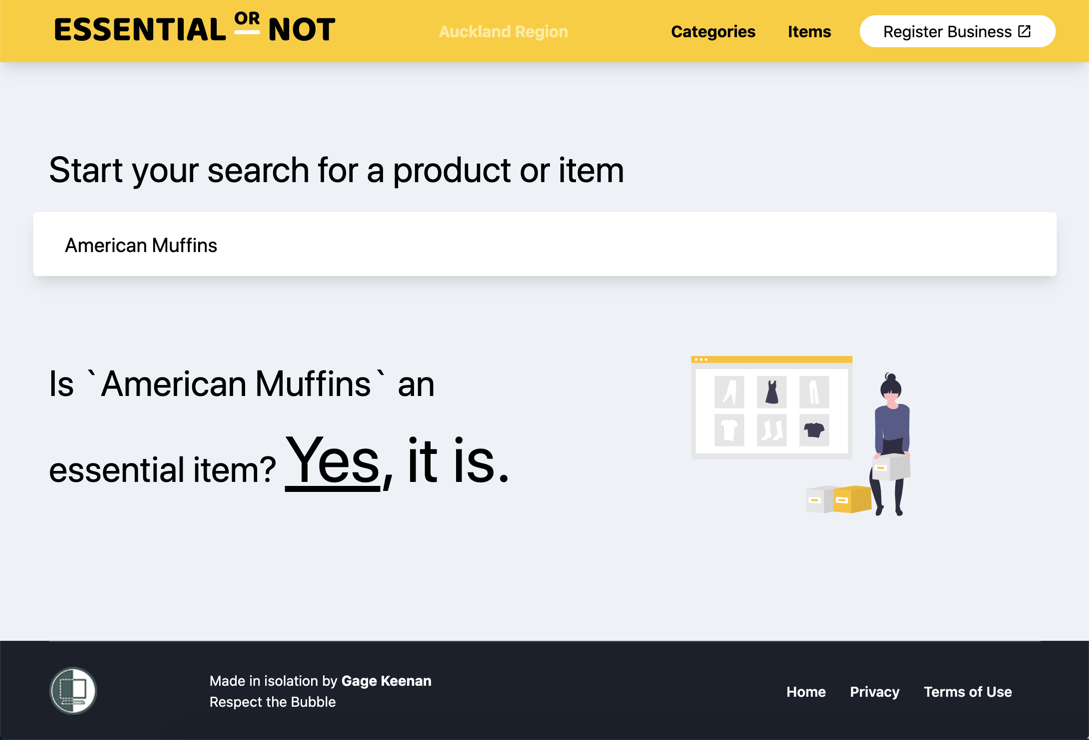 Essential Or Not website item search result for American Muffins showing that yes, it is an essential item