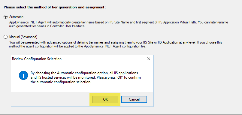 .Net Agent Configuration Wizard dialog box