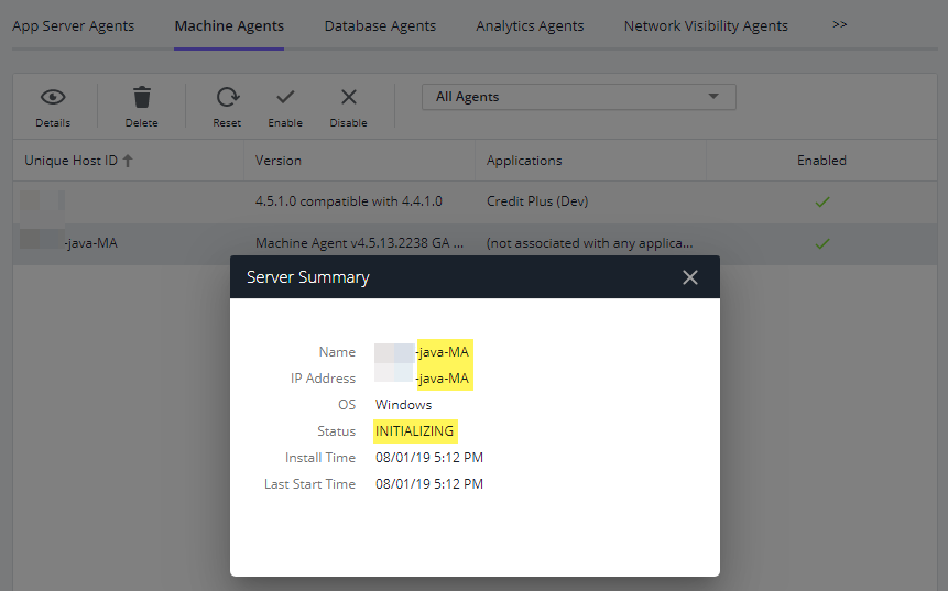 AppDynamics Machine Agent summary window