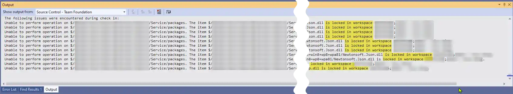 Visual Studio output window displaying a locked workspace error when deleting files from TFS