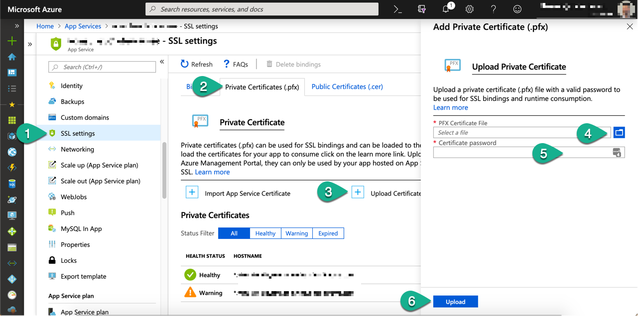 Screenshot showing labeled steps to upload PFX certificate to Azure