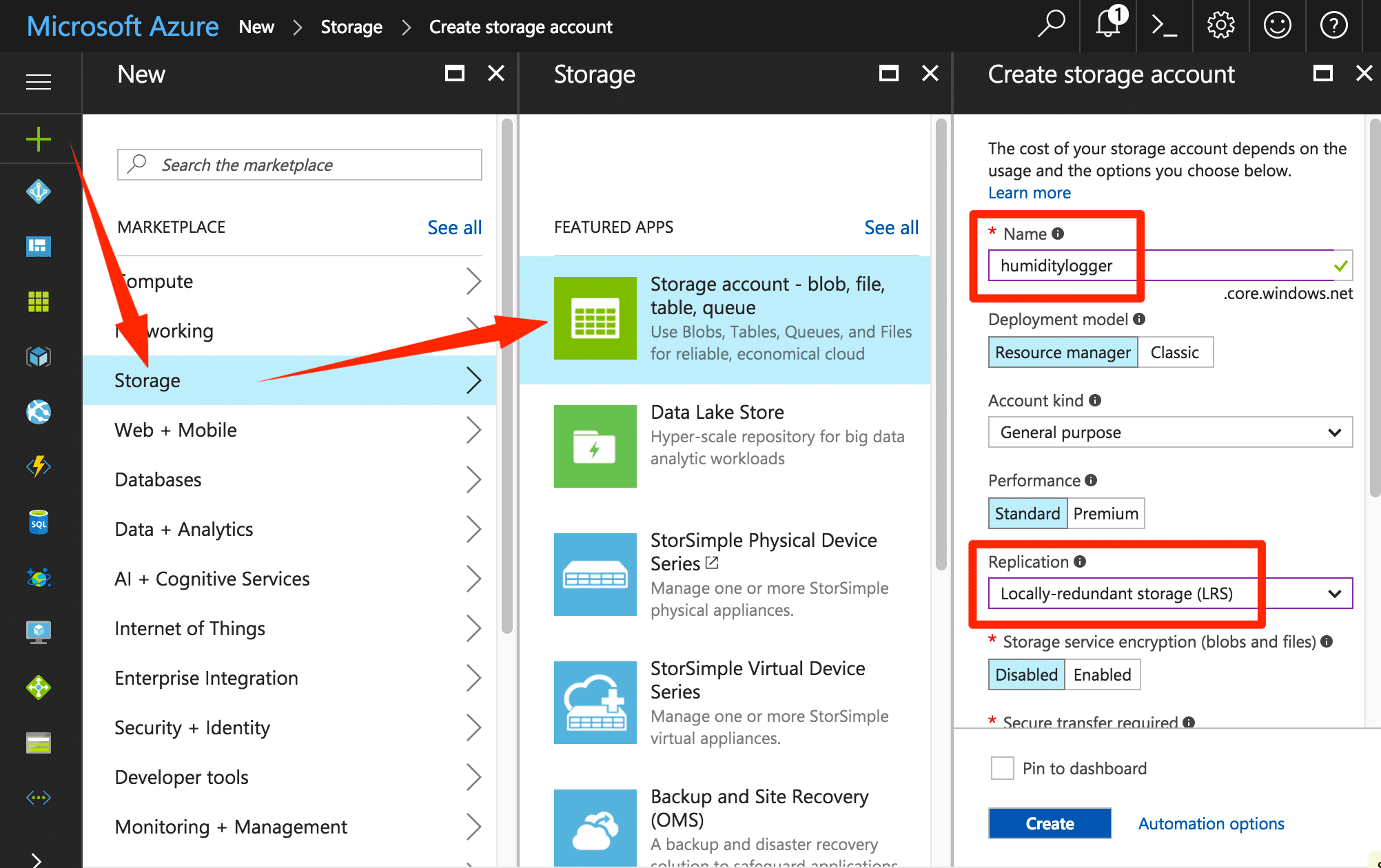 Create storage account in Azure Portal